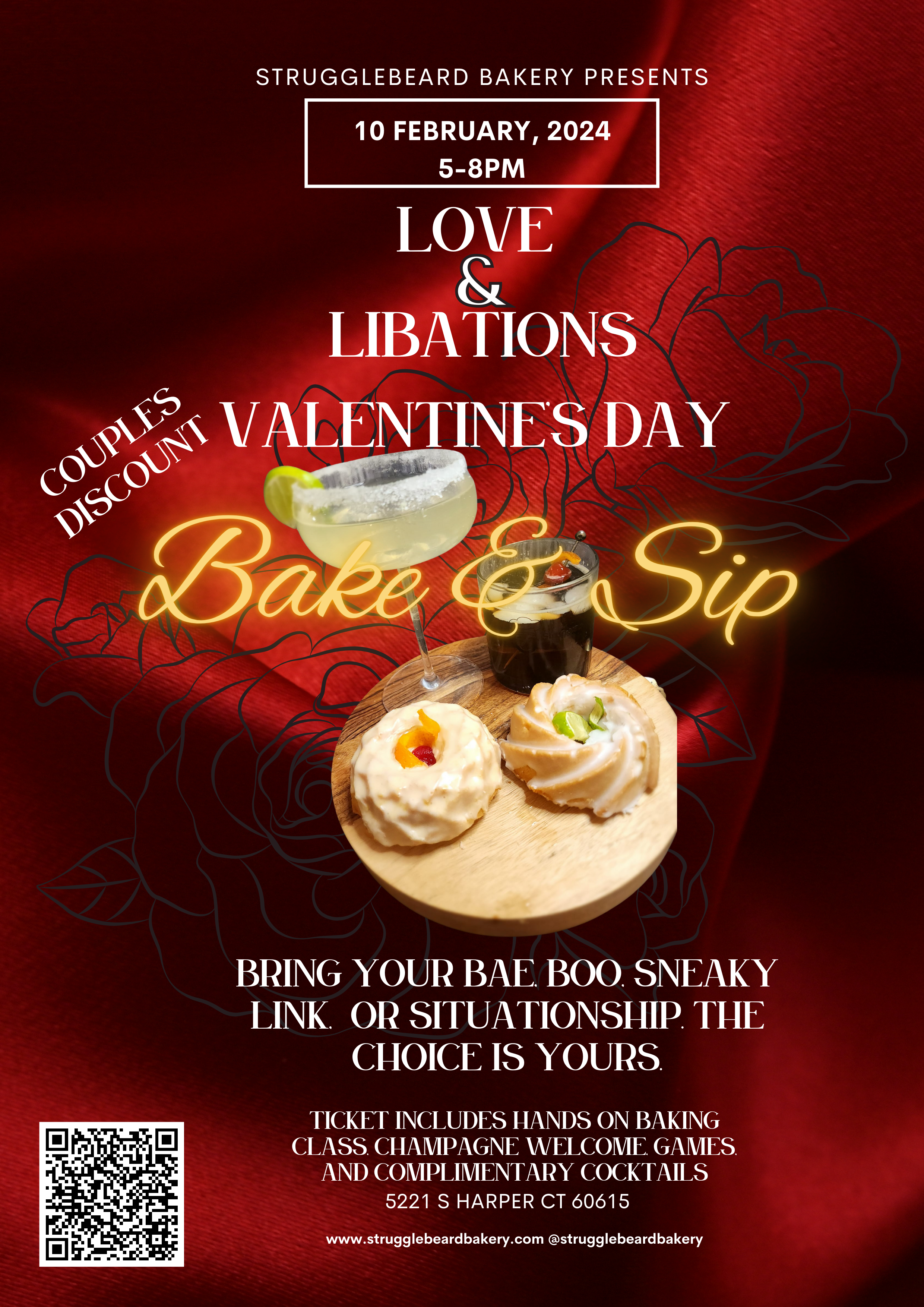Valentine's Day Bake & Sip Flyer